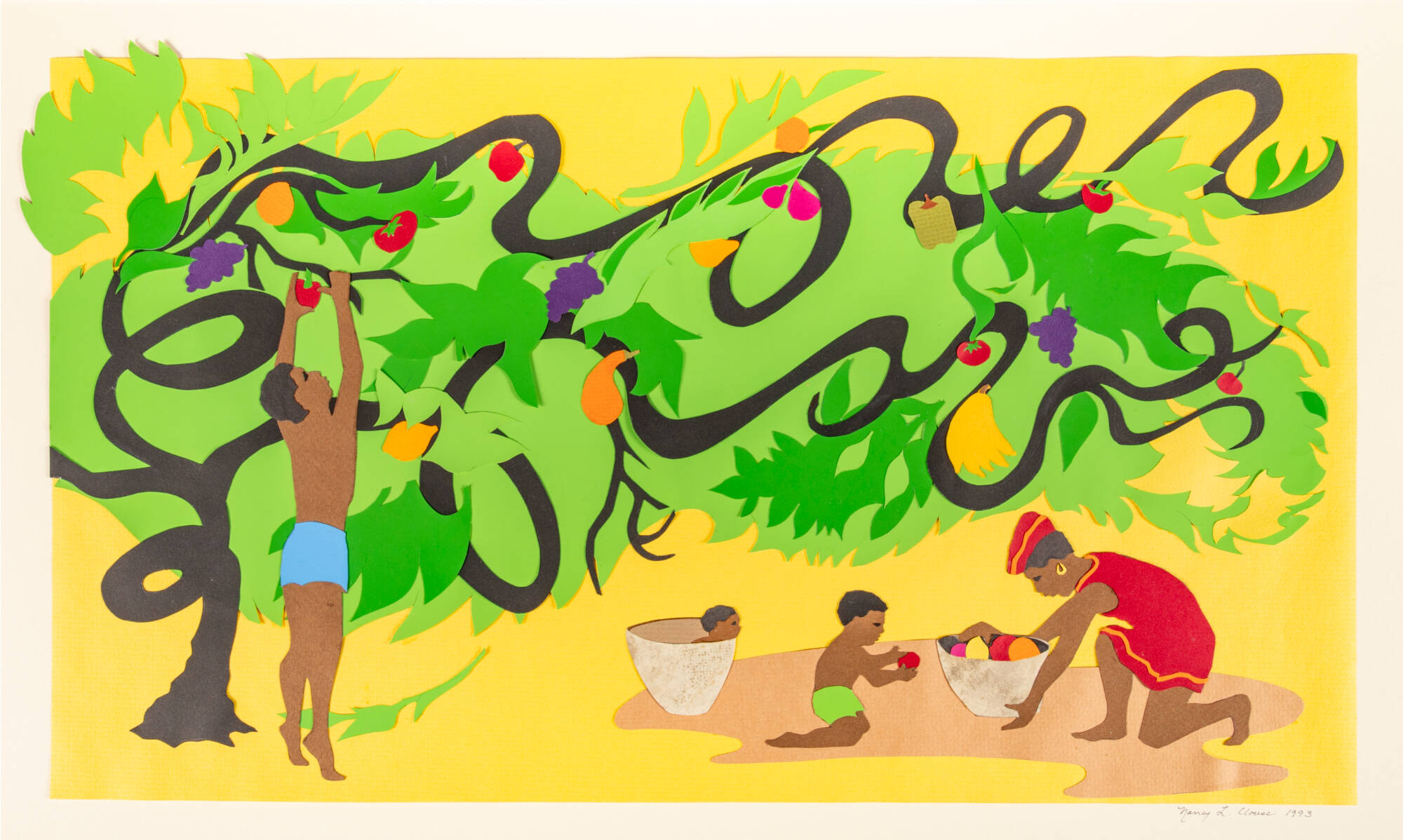 Colorful collage of a family gathering fruits and vegetables from a bountiful tree.